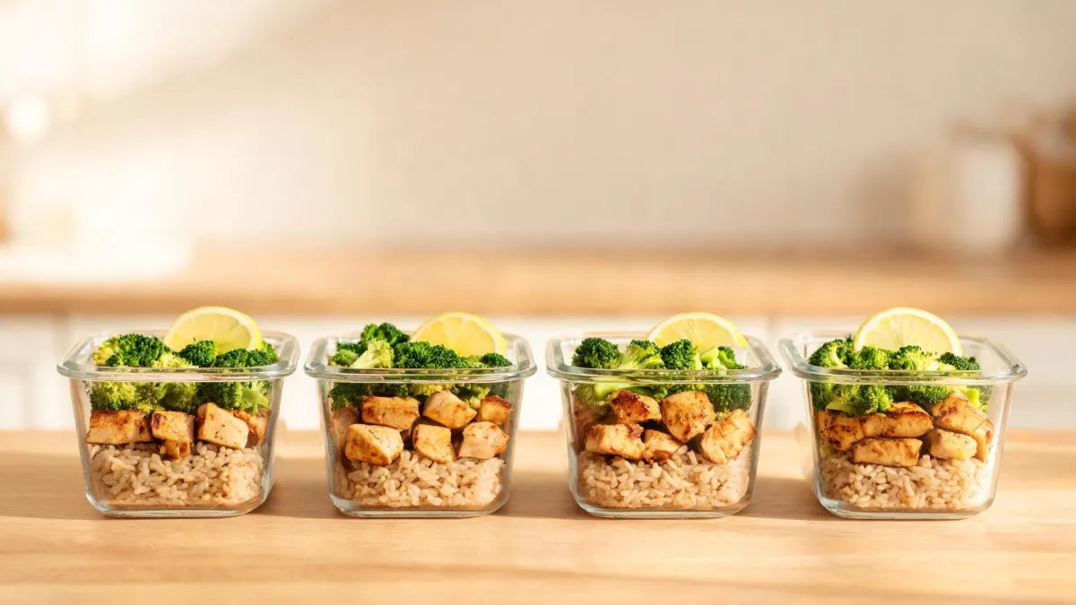 Illustratie van vier meal prep bakjes met kip, zilvervliesrijst en broccoli op een houten aanrecht